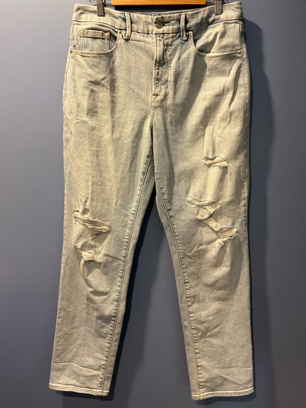 Good American Light Green Distressed Boyfriend Jeans